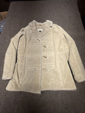 Vintage Covington Suede Shearling Toggle Coat Beige Plush Collar Large